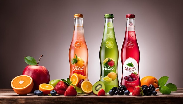 Bottles of fruit drink on table