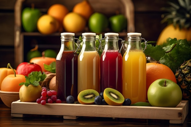 Bottles of fruit juice with fresh fruits