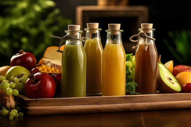 Bottles of fruit juice on wooden table