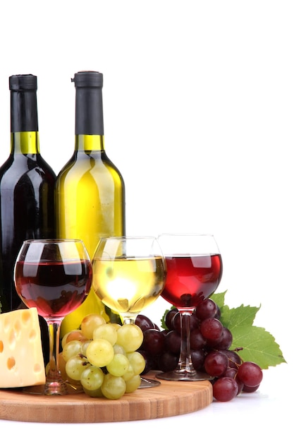 Bottles and glasses of wine assortment of grapes and cheese isolated on white