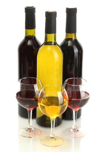 Bottles and glasses of wine isolated on white