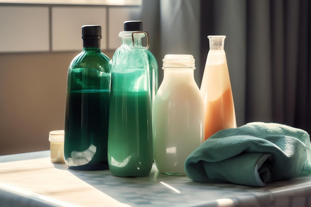 Bottles of green soap, one of which is green and the other is green.