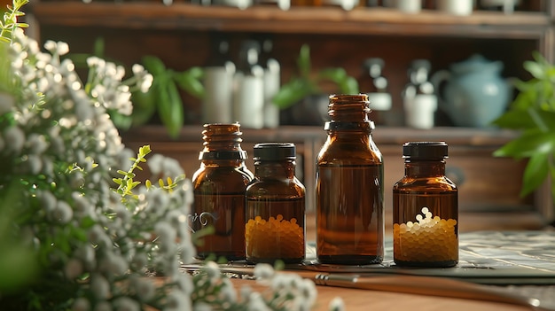 Photo bottles of homeopathic granules cabinet with homeopathic remedies