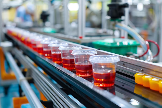 Bottles of juice on the conveyor belt in a modern factory