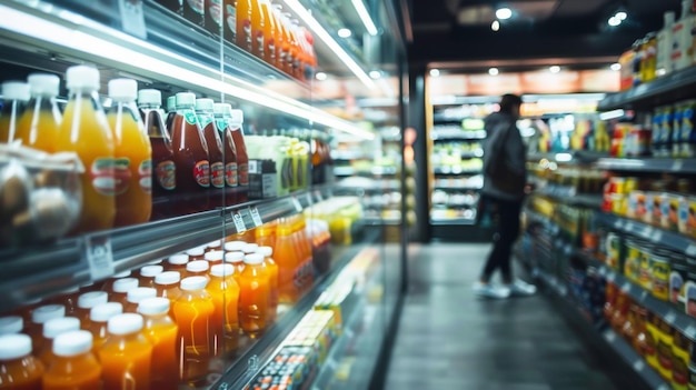 Bottles of juice in a refrigerator at a grocery store