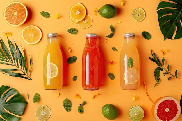 Photo bottles of juices and ingredients on orange background