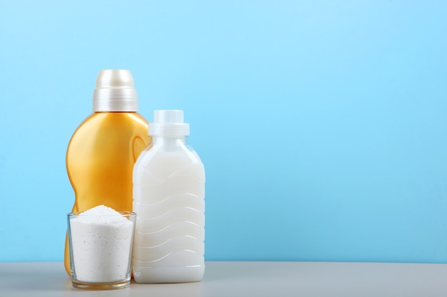 Bottles of laundry detergent on the table Household chemicals