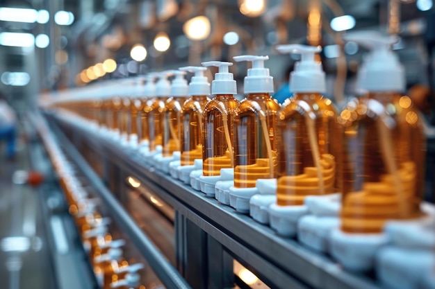 Bottles of liquid on conveyor belt