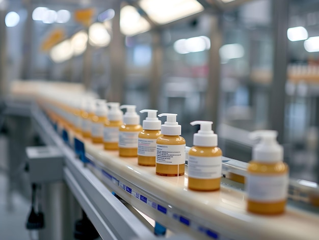 Photo bottles of lotion moving along a conveyor belt in a manufacturing facility during daytime