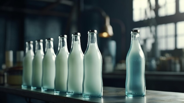 Bottles of milk on conveyor belt Generative Ai