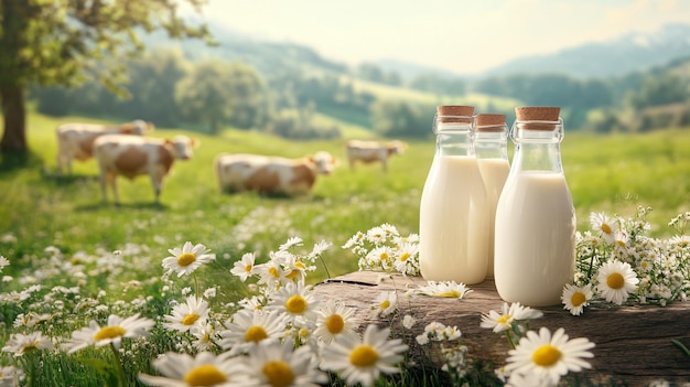 Bottles of Milk and Daisy Flowers on Wooden Table