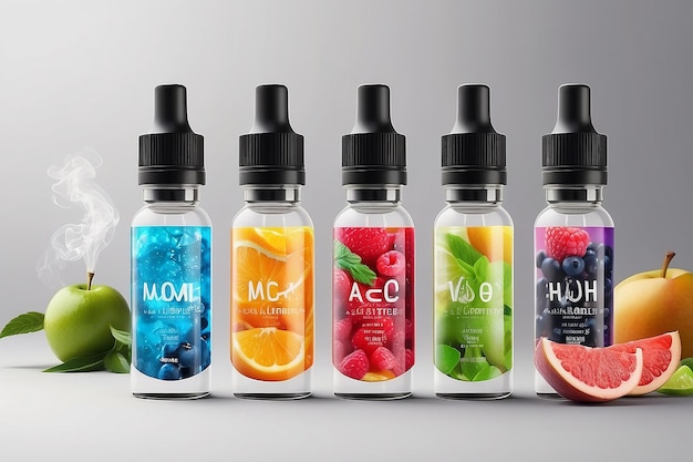 Photo bottles mock up with tastes for an electronic cigarette with different fruit flavors