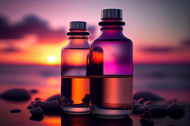 Bottles of oil on the beach at sunset generative ai