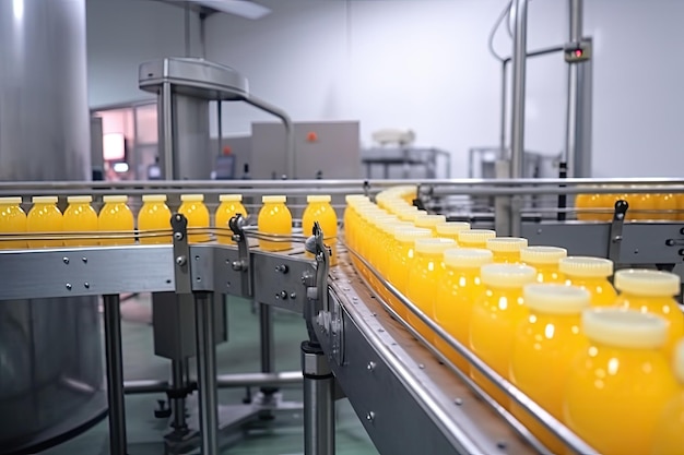 Bottles of orange juice on conveyor belt in modern beverage factory Fruit juice factory production line with beverage AI Generated