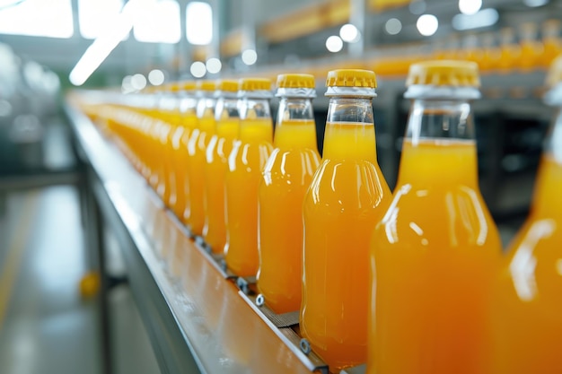 Photo bottles of orange juice on a conveyor beltgenerative ai image