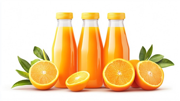 Bottles of Orange Juice with Fresh Fruits Isolated on White Background