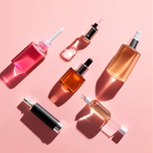 Bottles of perfume on a pink background