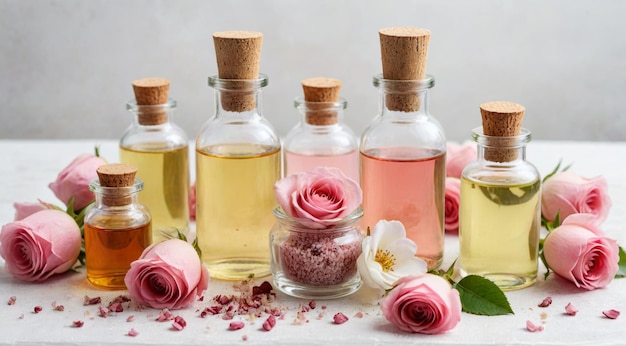 bottles of perfume with flowers and a bottle of perfume