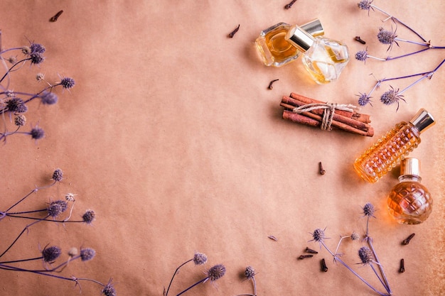 Bottles of perfume with ingredients