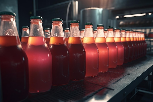 Bottles of red soda sit on a conveyor belt.