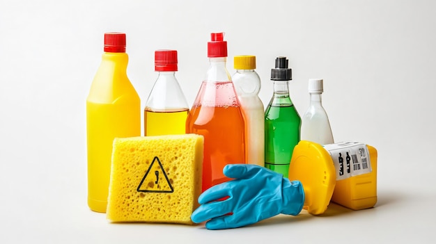 Photo bottles of toxic household chemicals with warning signs