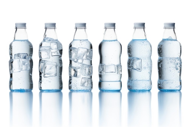 Bottles of water with ice cubes on white background