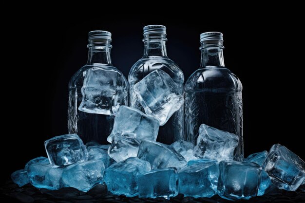 Bottles of water with ice cubes