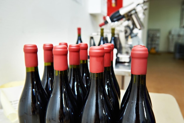 Bottles of wine in factory after sealing