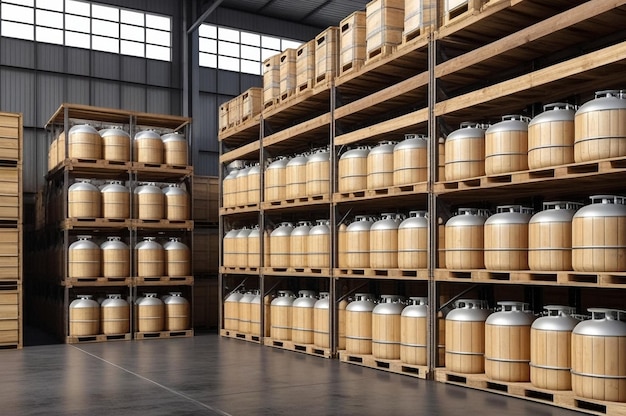 Bottles with chemical liquid stored in wooden boxes on industry warehouse storage of liquids Storage plastic cans in factory Concept of industrial warehousing and storage of goods Copy text space