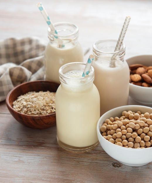 Bottles with different plant milk  soy