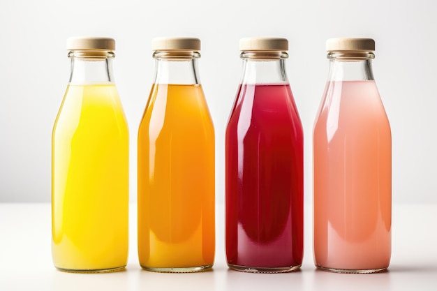 Photo bottles with multicolored liquid or multifruit juice on a white background