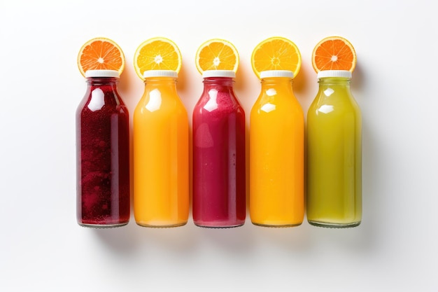 Photo bottles with multicolored liquid or multifruit juice on a white background