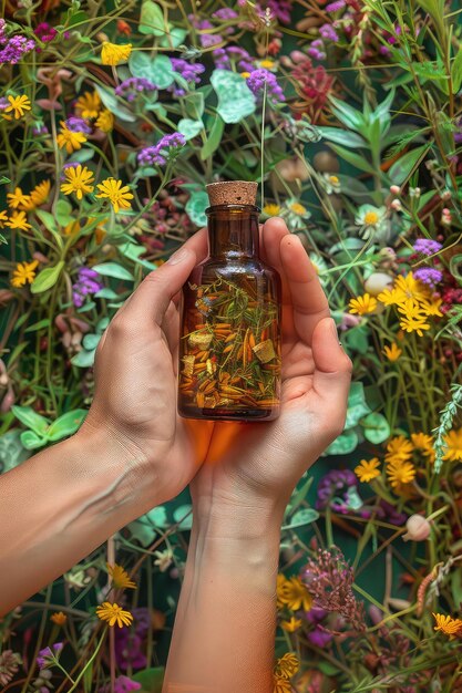 Photo bottles with tincture of medicinal herbs in the hands of a woman selective focus