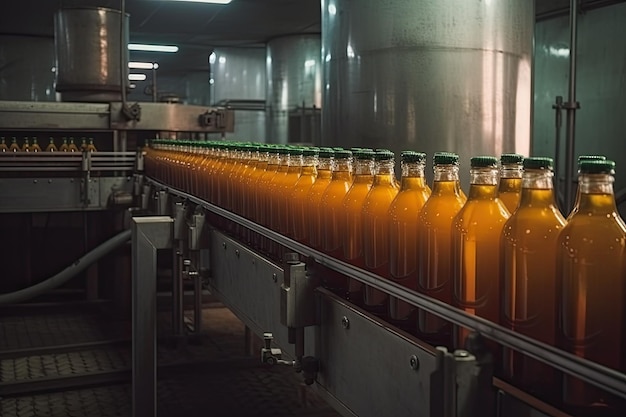 Bottling line of orange juice in bottles at a modern beverage plant A beverage plant factory interior view with a conveyor system AI Generated