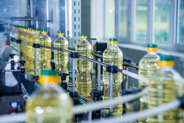 Bottling line of sunflower oil in bottles. Vegetable oil production plant. High technology.