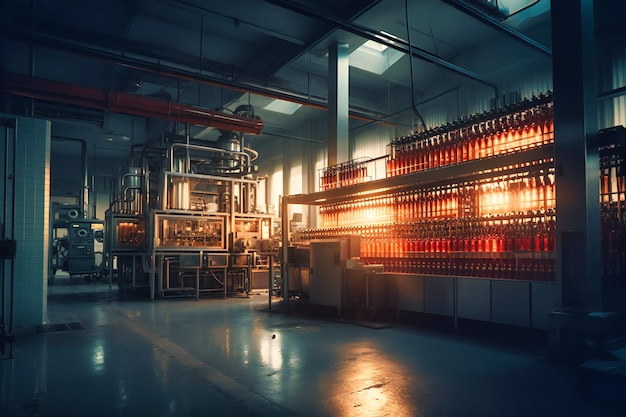 Bottling machine for wine is in a factory in front of the ceiling