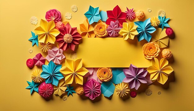 Photo bottom border decorated with colorful origami paper flowers on yellow background