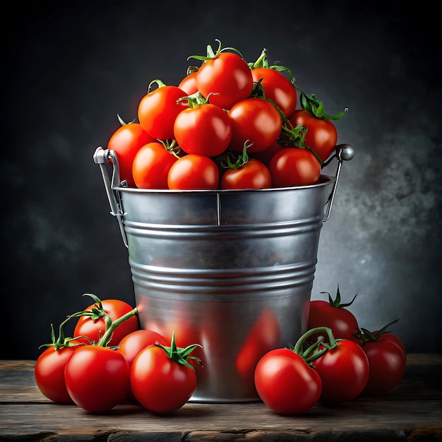 Photo bottom view bucket with red tomatoes on dark background