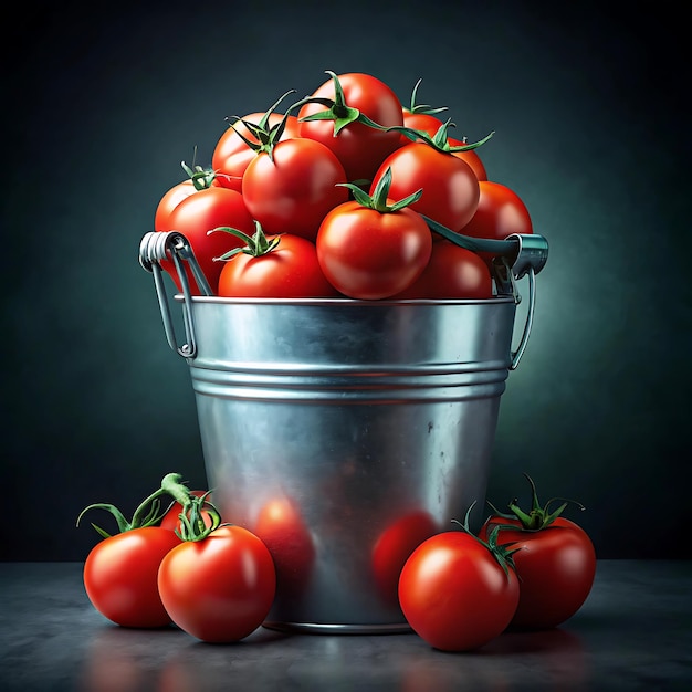 Photo bottom view bucket with red tomatoes on dark background