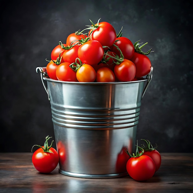 Photo bottom view bucket with red tomatoes on dark background