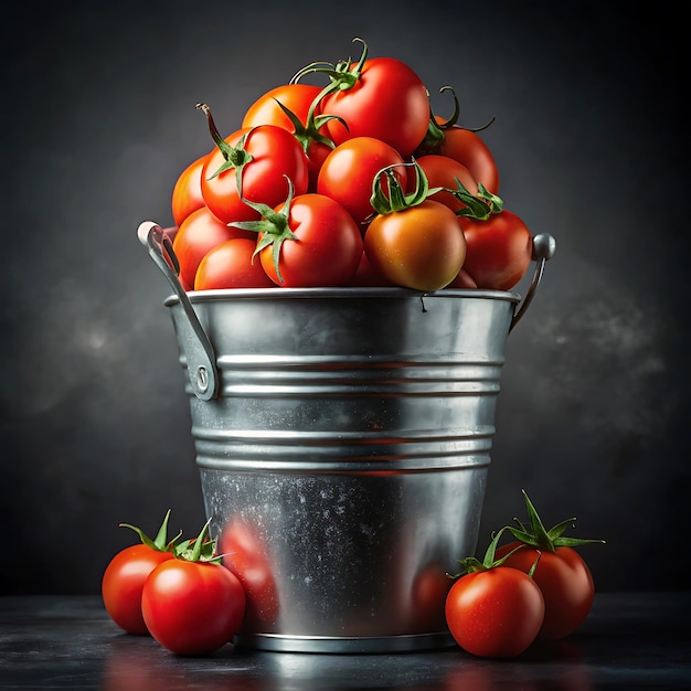 Photo bottom view bucket with red tomatoes on dark background