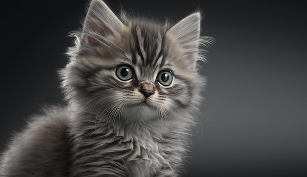 Bottom view of a cute blue tabby maine coon kitten on gray background