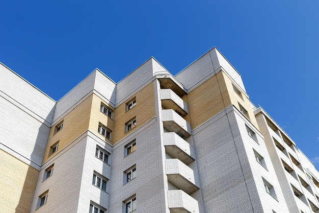 Bottom view of facade modern multi storey house