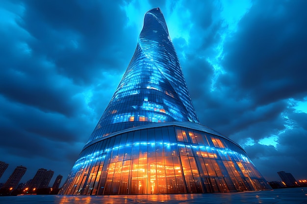 Bottom view of modern skyscraper with glowing neon lights in business district