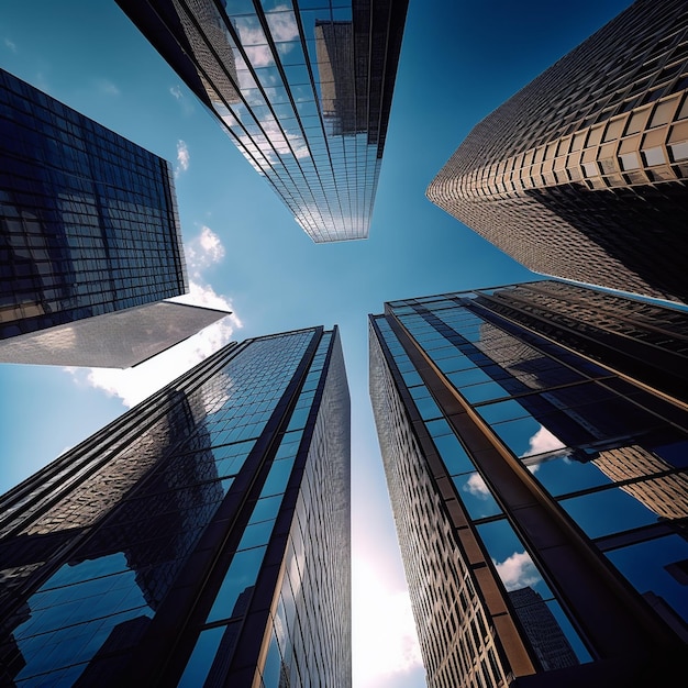 Bottom view of modern skyscrapers in business district against blue sky