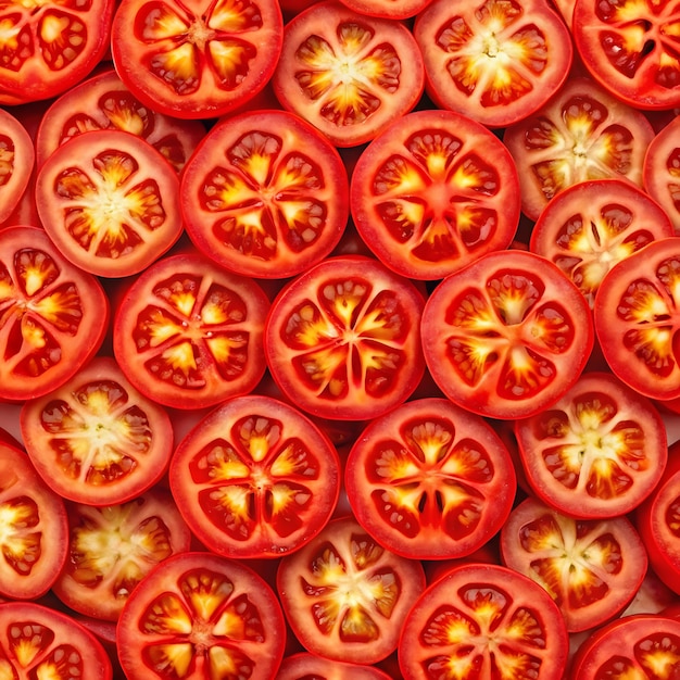 Photo bottom view red tomatoes slices decorate