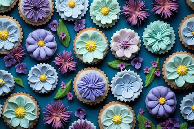 Bottom view small tarts with pink and green pastry cream biscuits purple flowers on blue table