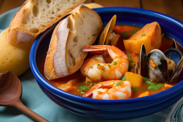 Bouillabaisse in a blue ceramic bowl with slices of baguette and shrimp on the side