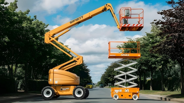 A boulevard with trees and the sky in the distance with a yellow articulated boom lift