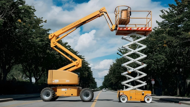 A boulevard with trees and the sky in the distance with a yellow articulated boom lift